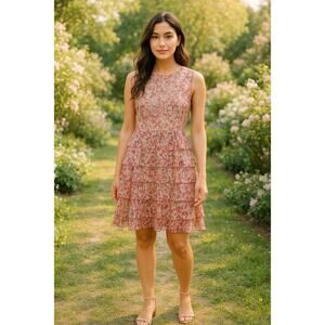 Anna Sui Size 4 Silk Pink Floral Sleeveless Tiered Ruffle Dress Boho Party”